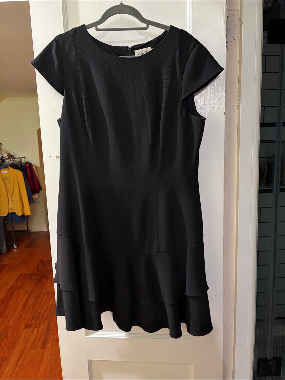 Eliza J Black Cap-Sleeve Ruffle-Hem Dress